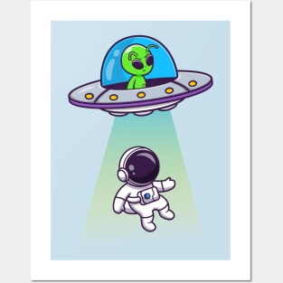 Cute Alien Spaceship UFO Invasion Astronaut Cartoon Posters and Art